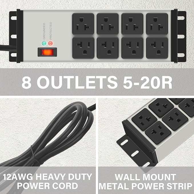 CCCEI Heavy Duty Power Strip Surge Protector 20 AMP Switch, 12 Gauge Extension Cord with Multiple Outlets, Industrial, Shop, Garage High Amp Wall Mount Electric Extender. 20FT, Grey.
