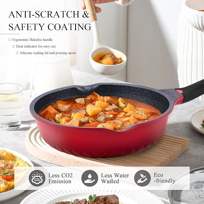 Vinchef 11Inch/5QT Nonstick Skillet, Red | deep nonstick skillet with lid & heat indicator. Anti-scratch, anti-stain, induction-compatible ideal for sautéing frying