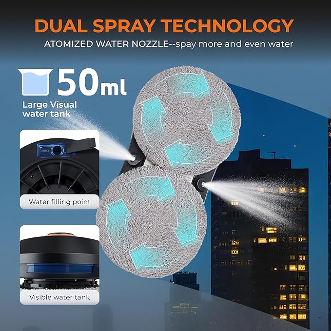 FRUITEAM Automatic Window Cleaner Robot with Dual Direction Auto-Spray, APP and Remote Control, Smart Path Detection, Triple Safety System Anti-Drop for High-Rise Windows, Glass,Door, with 8 Rags