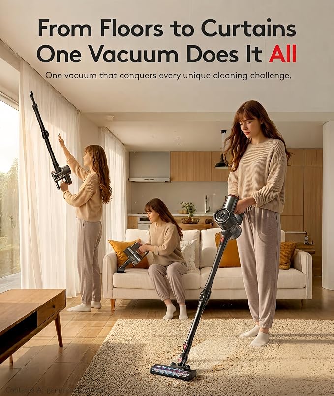 RONEAIR Cordless Vacuum Cleaner, 40Kpa Vacuum Cleaners for Home, 45Mins Stick Vacuum with Bendable Wand, Anti-Tangle & 1L Dust Cup, Lightweight Vacuum for Hardwood Floor Carpet Pet Hair