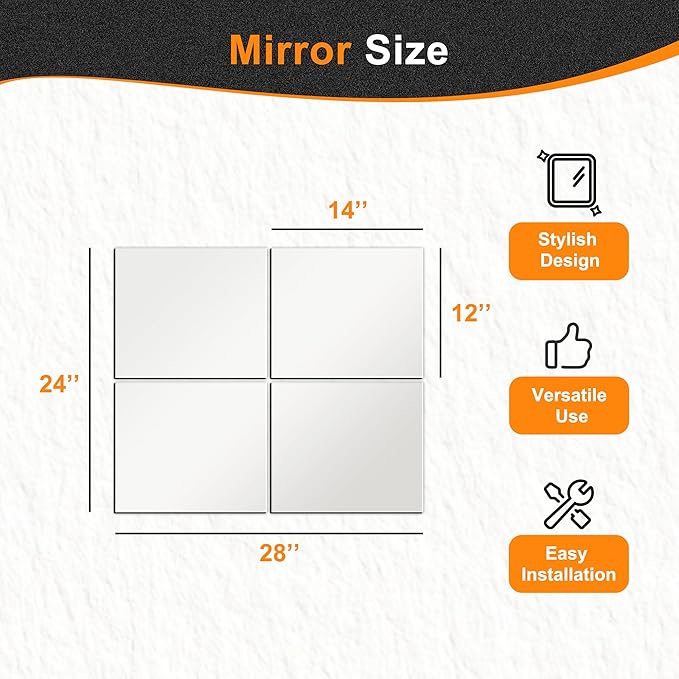 Delma Glass Full Length Wall Mirror Tiles, 14'' x 12'' 4PCS | Frameless, Body Tiles for Bedroom, Mounted Home Gym, Door