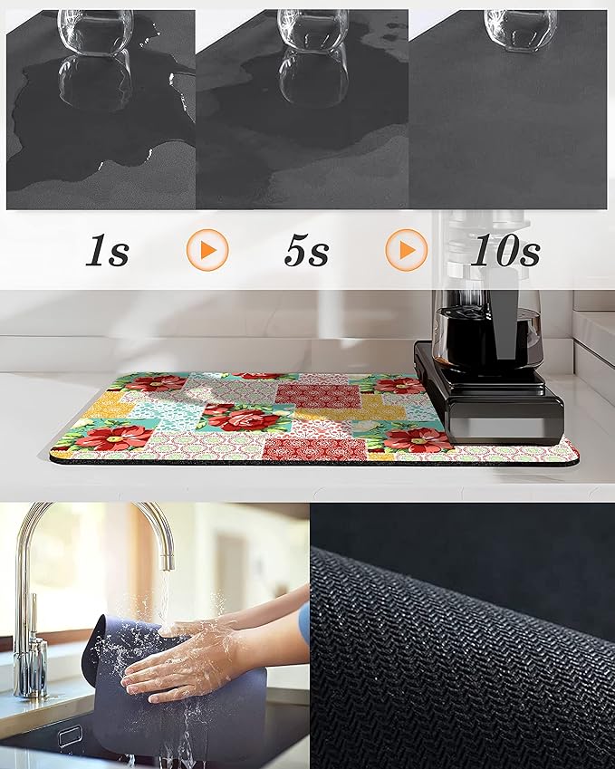 Coffee Bar Mat Accessories for Countertop Pioneer Flower Absorbent Hide Stain Rubber Backed Dish Drying Mats for Kitchen Counter Draining Pad Decor Gift Fit Under Coffee Maker (20x12in)