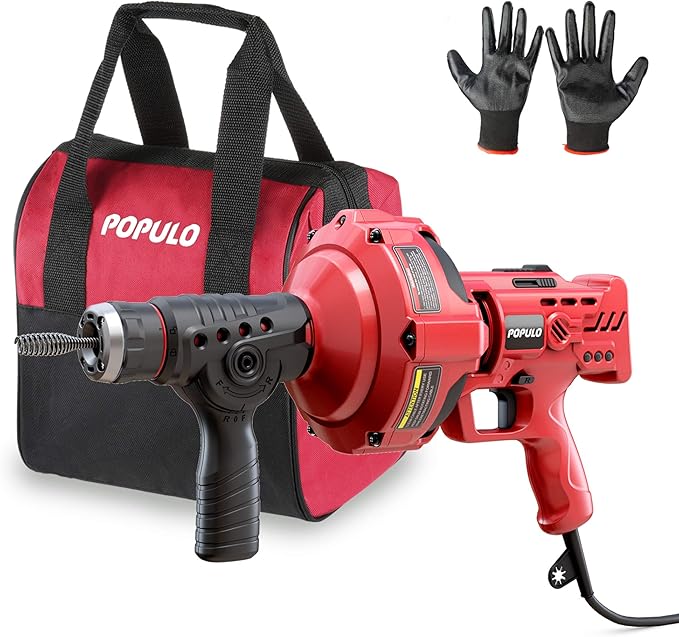 POPULO 120V Auto Feed Drain Auger,23 FT Drain Snake Suitable For 3/4"-2" Pipes For Unclogging Sinks,Shower Floor Drain and Outdoor Drain Pipe.Plumbers Snake Cleaner Include Glove,Cloth Bag