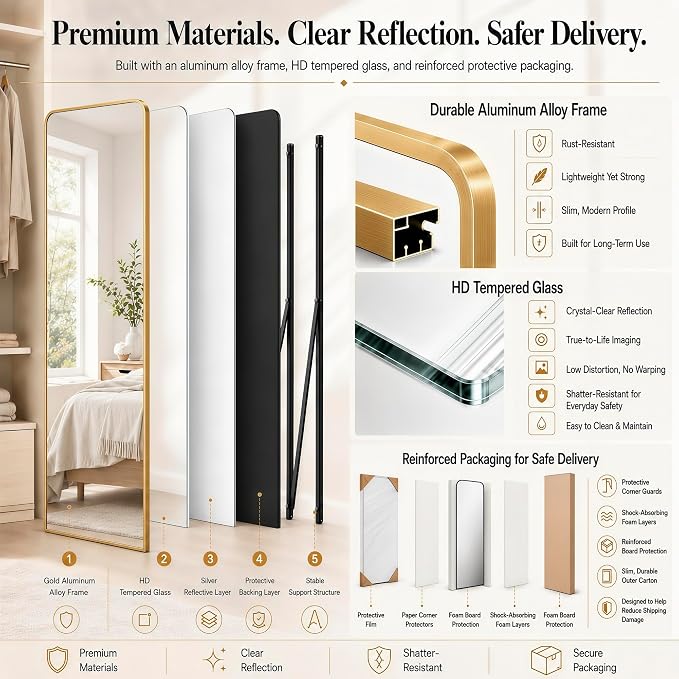 SCWF-GZ 57x20 Full Length Mirror Over The Door Hanging, Floor Stand/Wall Mounted Aluminum Alloy Frame Dressing Mirror for Bedroom Living Room 57 inch Gold