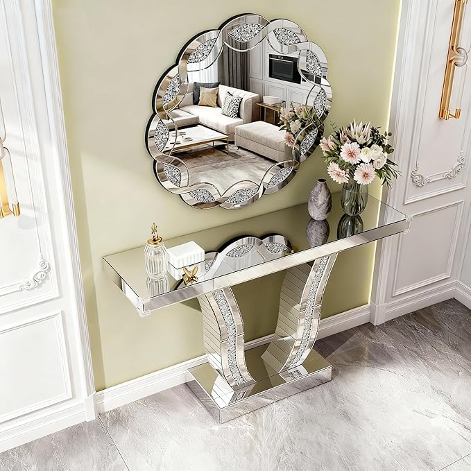 SSLine Modern Mirrored Entryway Table with Round Wall Mirror Set of 2 Luxury Silver Mirror Console Table with 31.5" Wave Frame Decor Mirror,Crush Diamond U-Shape Hallway Table for Living Room Entrance