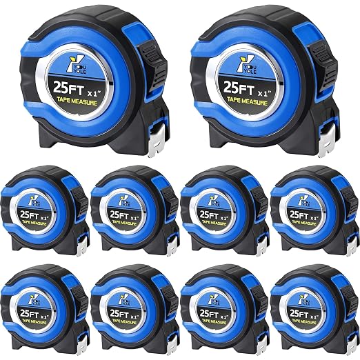 Youyole 10 Pack Tape Measure with Fractions 1/8 Steel Measuring Tape Retractable Easy Read Measurement Ruler Steel Power Blade (25 ft X 1 in,Blue)
