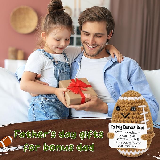 Bonus Dad Fathers Day Birthday Gifts from Daughter Son Wife, Positive Handmade Crochet Step Dad Gifts, Funny Cute Small Gift for Dads, I Love You Papa Gift Idea, Unique Football Doll for Bonus-Dads