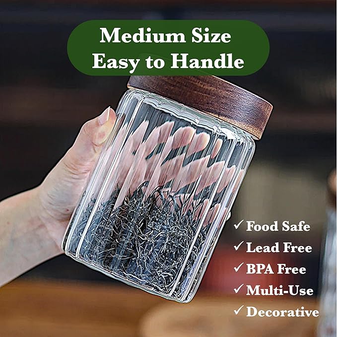 Decorative Borosilicate Glass Jar with Screw Top Airtight Wooden Lid, 28 oz/850ml Leak Resistant Food Storage Canister, Wide Mouth Container for Coffee Cookie Candy Overnight Oats Sourdough Starter