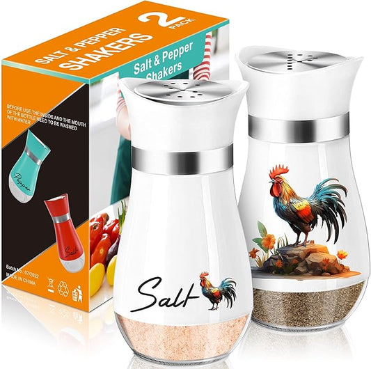 Arrozon Rooster Salt and Pepper Shakers Set,4 oz Glass Bottom Salt Pepper Shaker with Stainless Steel Lid for Rooster Kitchen Counter Decor Farmhouse Housewarming Gift Refillable Design (Rooster)