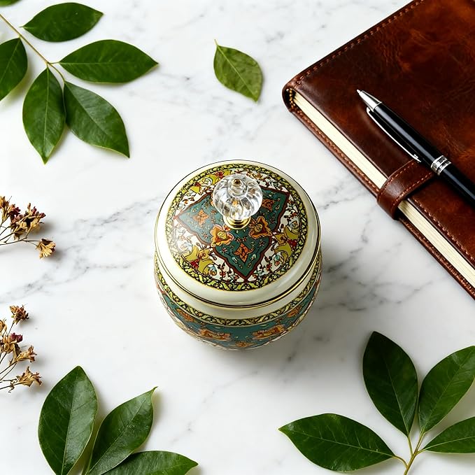 Floral Enamel Sugar Bowl Gold Ethnic Seasoning Jar Vintage Tea Canister Spice Box Retro Coffee Candy Storage Pot Bohemian Salt Container Jar for Home Kitchen Decor