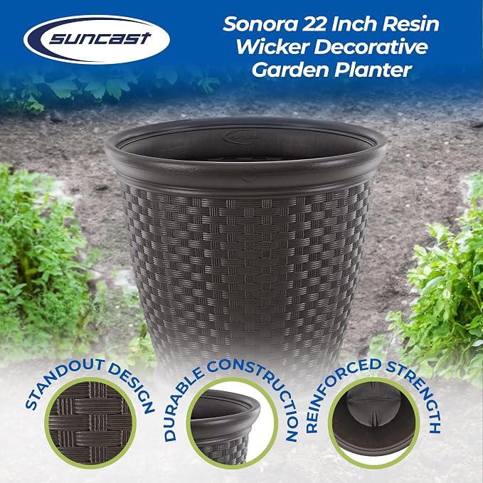 Suncast 2 Pack Sonora 22 Inch Plastic Wicker Indoor or Outdoor Decorative Garden Flower Planter for Entryways, Porch, and Backyard Patios, Dark Brown