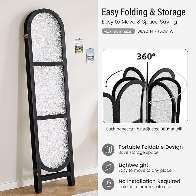 Acrylic Room Divider 4 Panel 67" Tall Arched Room Divider and Privacy Screen with Solid Paulownia Wood Frame, Freestanding Partition Divider for Room Separation, Home, Bedroom - Black