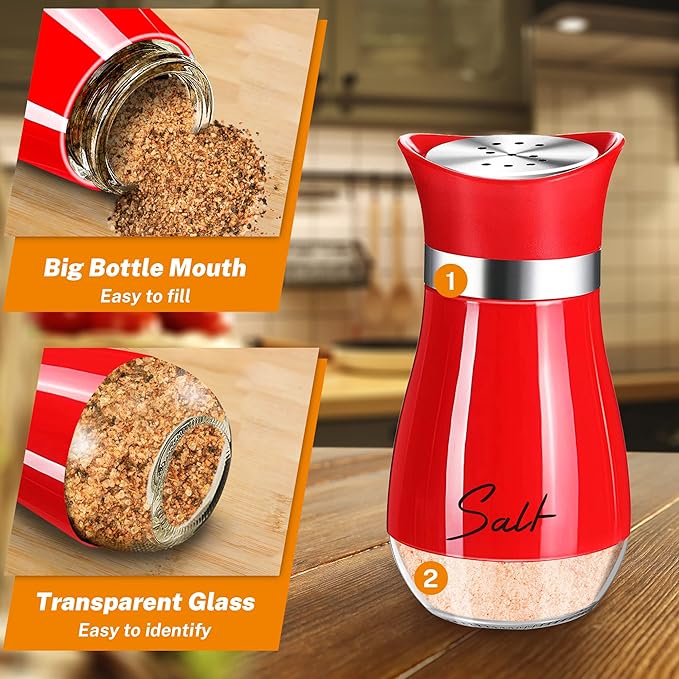 Salt and Pepper Shakers Set,4 oz Glass Bottom Salt Pepper Shaker with Stainless Steel Lid for Kitchen Cooking Table, RV, Camp,BBQ Refillable Design Christmas Kitchen Decor Gifts(Red)
