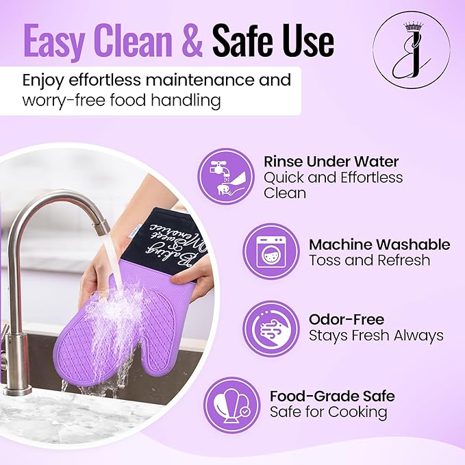 Mitts - Long Slip Resistant Pot Holders - Silicone Oven Mitts - Baking Gloves for Oven - Perfect for Baking, BBQ, Cooking, and Grilling, Oven Mitts Set of 2, 7''x13'' (Purple)
