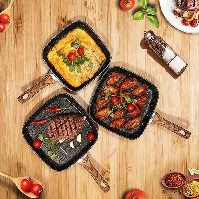 NEWBULIG 3-Piece Nonstick Grill Pan Set, Square Griddle Pans with Wooden Handles, Induction Cooktop Compatible, Nonstick Cookware for Steak, BBQ, Vegetables, Black (9.5", 10.2", 11")