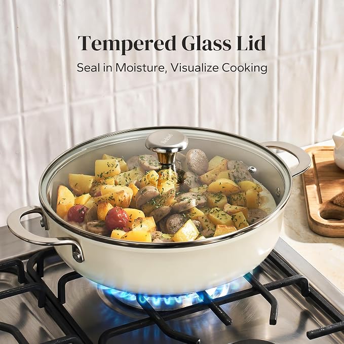 Redchef Ceramic Stock Pot, 4 QT Soup Pot with lid, Induction Cooking Pot Stockpot for All Stoves, Nonstick Pasta Pot for Stews, Even Heating, Stay Cool Handle, Oven/Dishwasher Safe, PFAS Free (Beige)