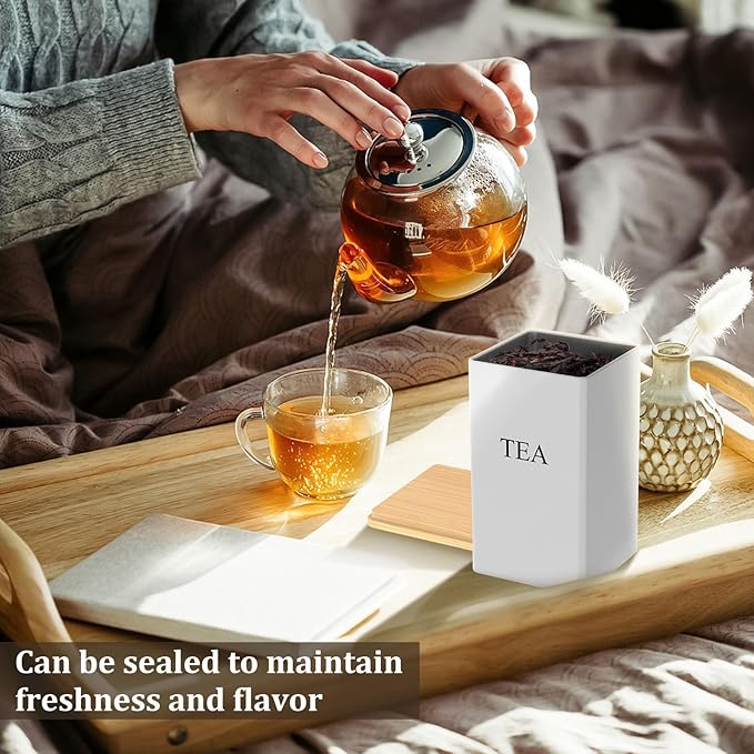 3 Pcs Coffee Tea Sugar Container Set, 1000 ML Metal Teas and Coffee Canisters Set with Bamboo Lids, Black Canisters Sets for Kitchen,Food Storage Container Jars for Kitchen Counter Storage (White)