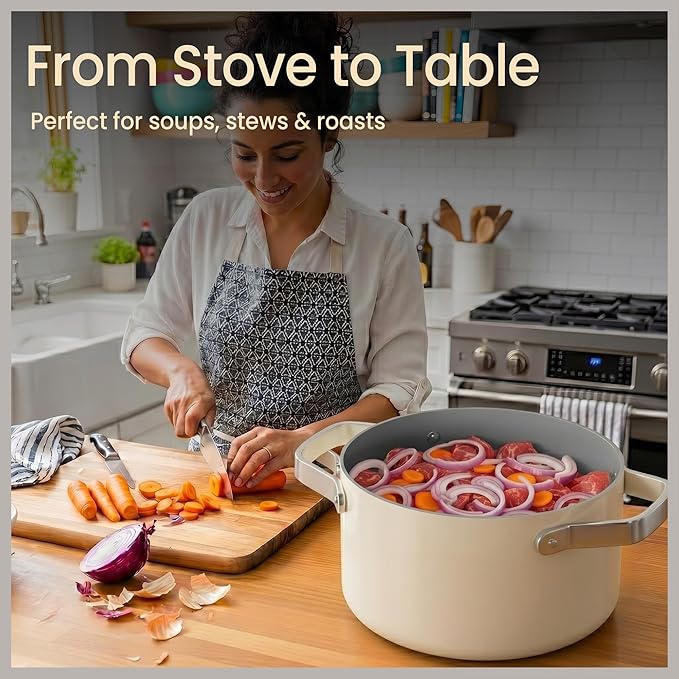 Bakken 5 Quart Ceramic Coated Stock Pot with Lid, Easy to Clean Nonstick Pot, Tempered Glass Lid, Riveted Stainless Steel Handles, Oven Safe Up To 500°F, PTFE & PFAS Free, All Stove Compatible, Cream