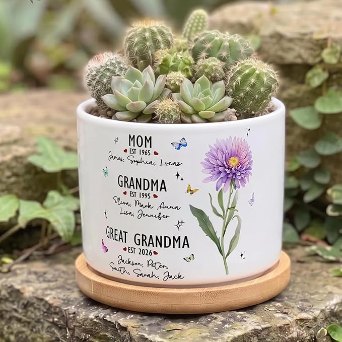 Personalized Mom Grandma Great Grandma Flower Pot, Custom Grandma Garden Birth Month Flowers Planters, Plant Pot for Nana, Gifts for Mom, Gigi Gift