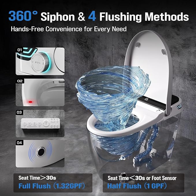 Smart Toilet with Bidet Built-In, Tankless Powerful Dual Flush, Auto Open/Close & Auto Flush, Elongated Heated Seat, Instant Warm Water & Dryer, LED Night Light & Temp Display
