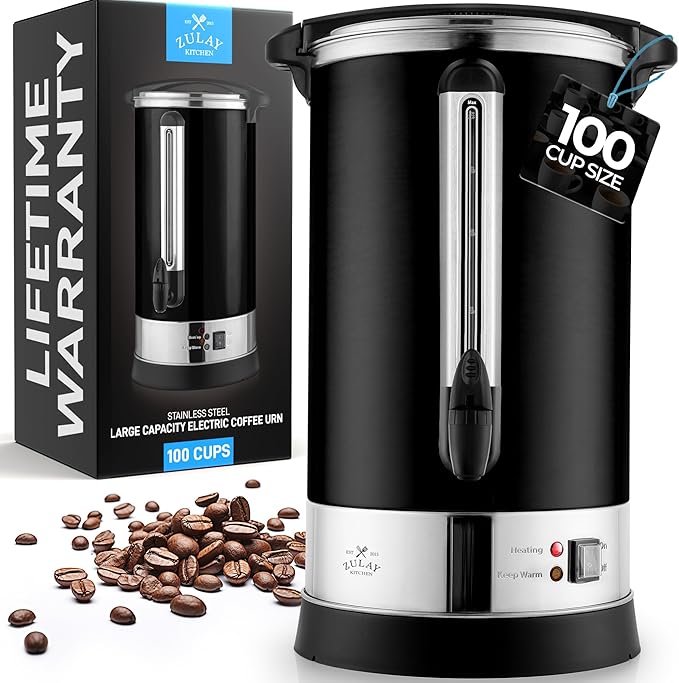 Zulay Commercial Grade 100 Cup Coffee Maker Hot Water Urn - Large Percolator Pot Dispenser With Double-Wall Stainless Steel, Quick Brew, Stays Hot for Tea & Beverage at Events & Catering - Black