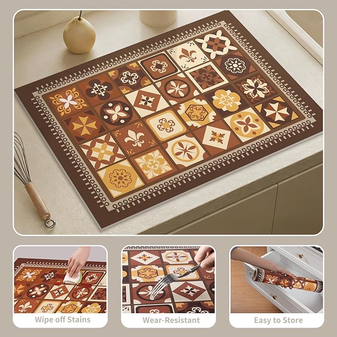 Bohemian Style Dish Drying Mat Coffee Maker Mat, Non-slip & Easy to Clean, Kitchen Mat for Dishes, Utensils, Pots and Pans (Whimsical Boho C)