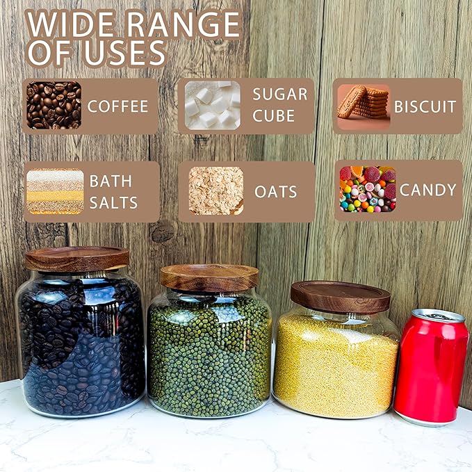 1PC Glass Storage Jars with Airtight Lids, 64 fl oz (1900ml) coffee container with Wooden Lid, Glass Pantry Canister for Beans, Rice, Sugar and etc