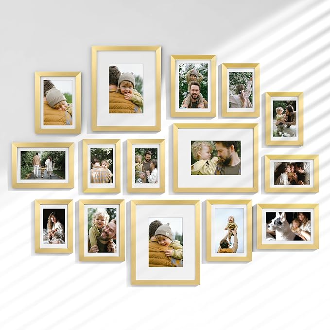 Venusmiles 15 Pack Picture Frames Collage Wall Decor, Gallery Frame Set for Wall Mounting or Tabletop Display, Multi Sizes Including 3pcs 8x10, 6pcs 5x7, 6pcs 4x6, Gold
