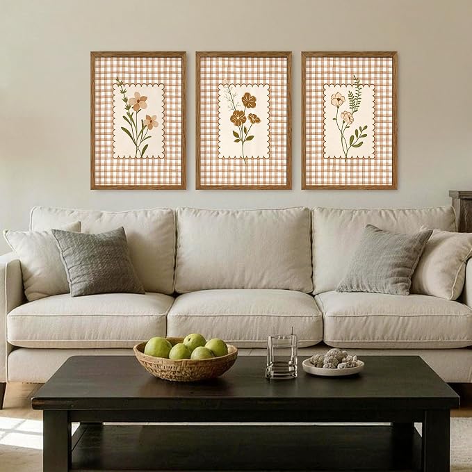 JLTULT Farmhouse Botanical Wall Art Set of 3, Neutral Brown Cottagecore Floral Prints, Wood Framed Wall Decor for Bedroom Living Room Nursery Hallway, 16x24 Inches Each, Ready to Hang