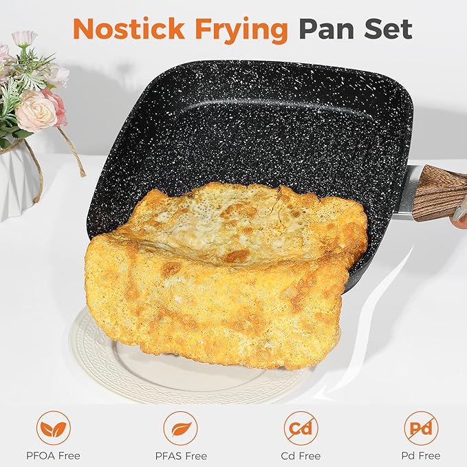 DUMOS 3 Pcs Grill Pans Set, Nonstick Square Frying Pan Skillet Set with Stay Cool Handle & PFOA Free, Compatible with All Stovetops (9.5" 10" 11") Black