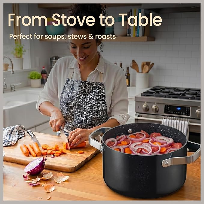 Bakken 12.5 Quart Ceramic Coated Stock Pot with Lid, Easy Clean Nonstick Pot, Tempered Glass Lid, Riveted Stainless Steel Handles, Oven Safe Up To 500°F, PTFE & PFAS Free, All Stove Compatible, Black