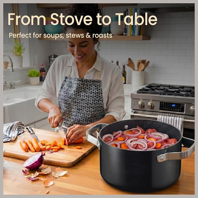 Bakken 5 Quart Ceramic Coated Stock Pot with Lid, Easy to Clean Nonstick Pot, Tempered Glass Lid, Riveted Stainless Steel Handles, Oven Safe Up To 500°F, PTFE & PFAS Free, All Stove Compatible, Black