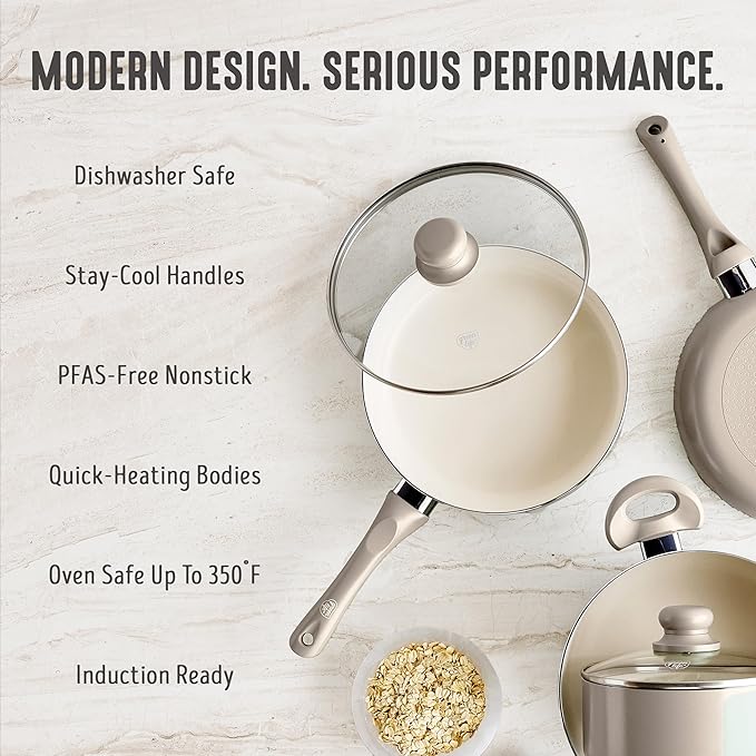 GreenLife 16-Piece Nonstick Cookware Set, Non-Toxic Ceramic Pots and Pans Set, Durable Healthy Kitchen Essentials, Fast Heating, Induction Ready, Easy Clean Dishwasher Safe, PFAS-Free, Beige Taupe
