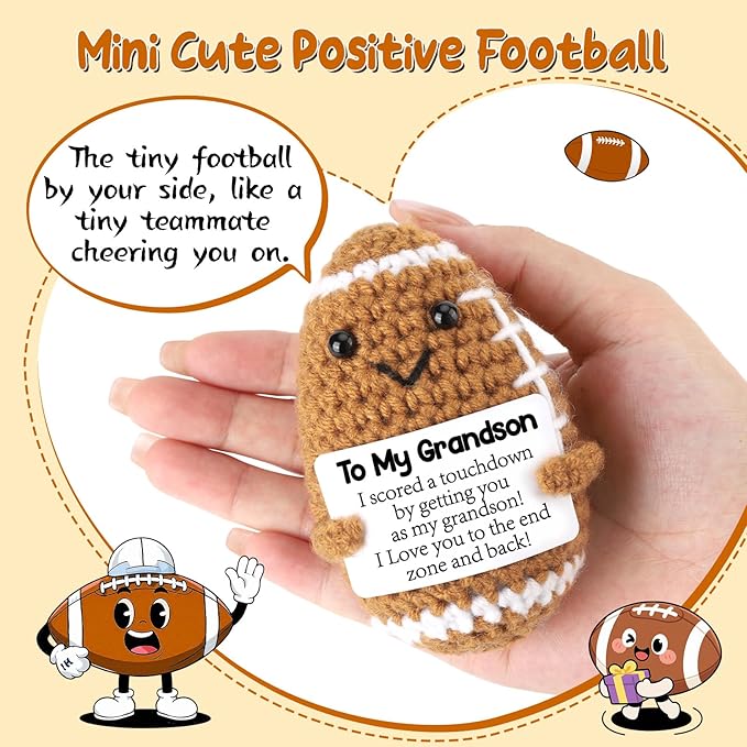 BiuNiuring Mini Funny Grandson Gifts from Grandma Grandpa, Handmade Crochet Mini Football Grandson Birthday Gifts from Grandparents, Grandson Present for Father's Day Cute Desk Decor