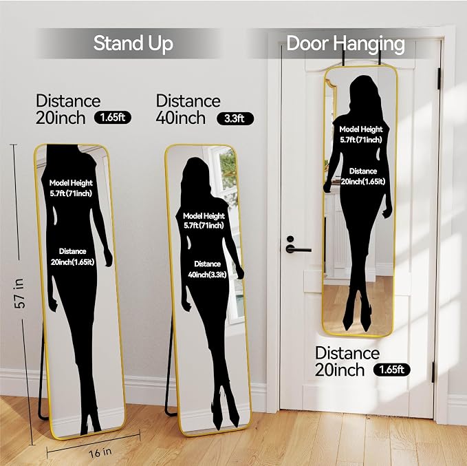 SCWF-GZ 57x16 Full Length Mirror Over The Door Hanging, Floor Stand/Wall Mounted Aluminum Alloy Frame Dressing Mirror for Bedroom Living Room 57 inch Gold