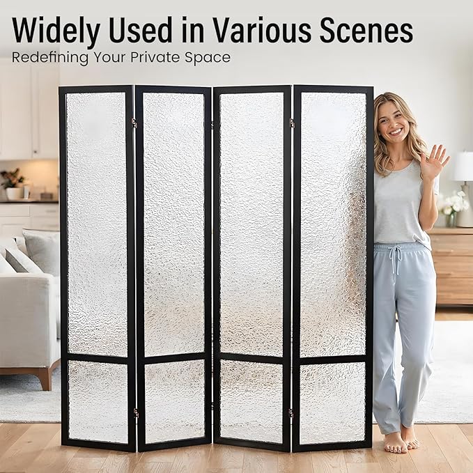 Acrylic Room Divider 4 Panel 67" Tall Room Divider and Privacy Screen with Solid Paulownia Wood Frame, Freestanding Partition Divider for Room Separation, Home, Bedroom, Office - Black