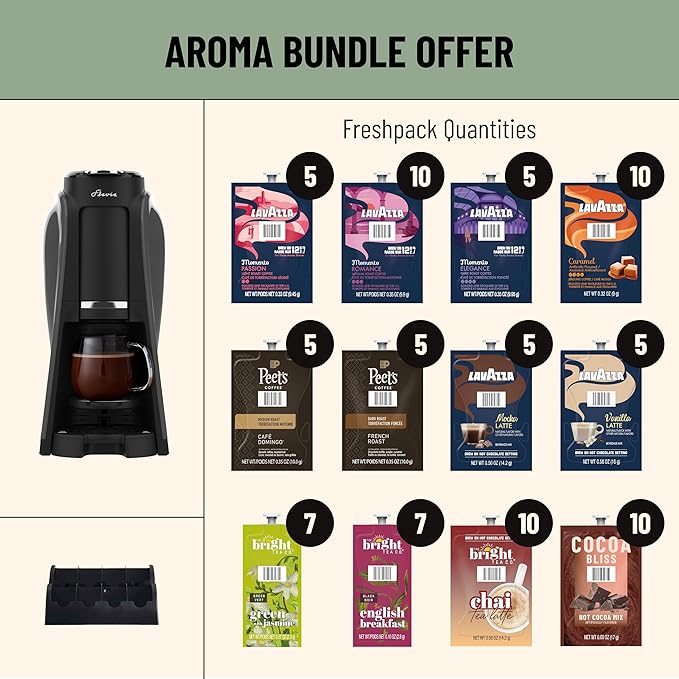Flavia Aroma Brewer Bundle with 84 Freshpacks and 1 Merchandiser - Coffee Machine, Makes Coffee, Lattes, Tea, and other Hot or Iced Beverages, Multiple Brew Sizes, Black, Works ONLY with Freshpacks