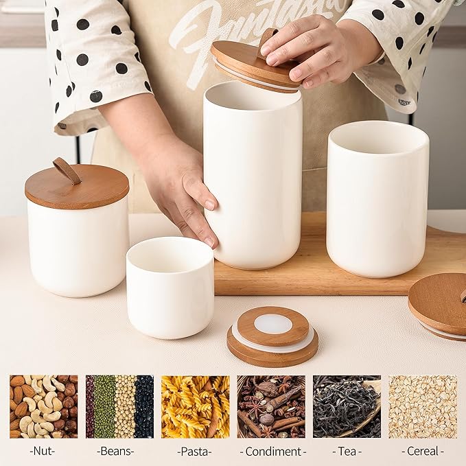 White Ceramic Canister Set with Bamboo Lids, 4-Piece Airtight Food Storage Jars for Kitchen – Flour, Sugar, Coffee, Tea, Spice – Smaller, Small, Medium, Large Sizes