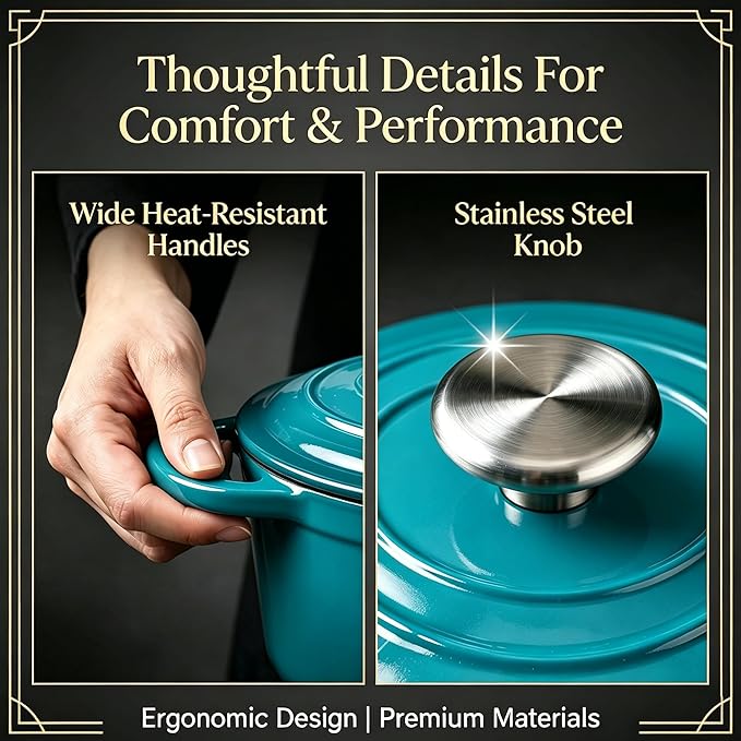 QuliMetal Enameled Cast Iron Cookware Set, 4-Piece Pots and Pans Set with Lids, 10.25" Skillet, 2QT Saucepan, 2.8QT & 4.8QT Dutch Ovens, Oven Safe to 500°F, All Stovetops Compatible - Teal