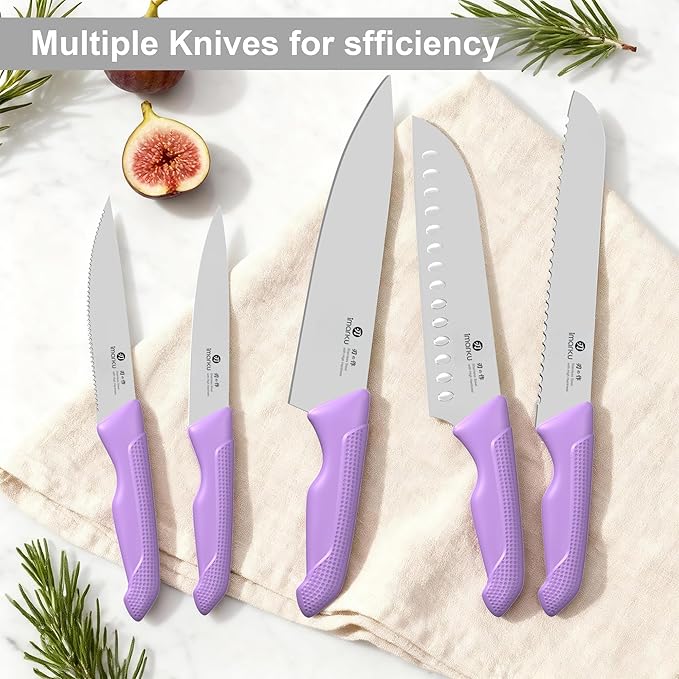 imarku 14-Piece Knife Set with Block, High Carbon Stainless Steel Kitchen Knives with Built-in Sharpener, Ergonomic Non-Slip Handle, Perfect for Home Cooks & Chefs, Purple