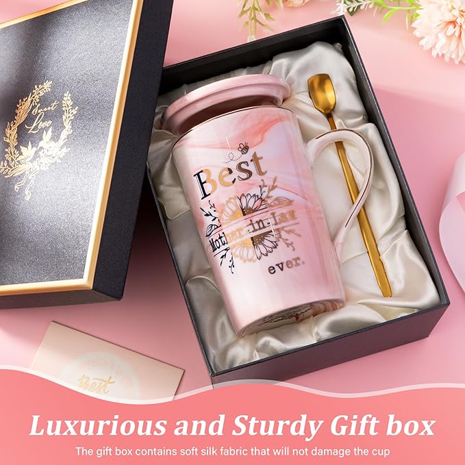 Mother in Law Birthday Gifts, Best Mother In Law Ever Mug, 14oz Pink Marble Mom Mug with Gold Print, Mom Gifts from Daughter-In-Law or Son-In-Law, Wedding Valentine Coffee Cup Present, Nice Gift Boxed