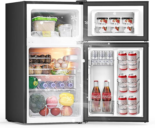 3.2 Cu Ft Mini Fridge with Freezer - Energy Efficient, Double Door Upright Freezer for Bedroom, Office & Dorm,restaurants | Small Fridge, Glass Shelves,Interior Light,ETL Certified,etc