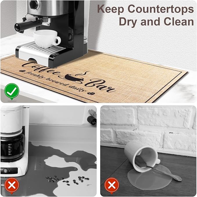 CooRug Absorbent Coffee Mat, Fashion Dish Drying Mat for Kitchen Counter Coffee Bar Accessories Espresso Machine Dish Rack 16" x 24" Beige