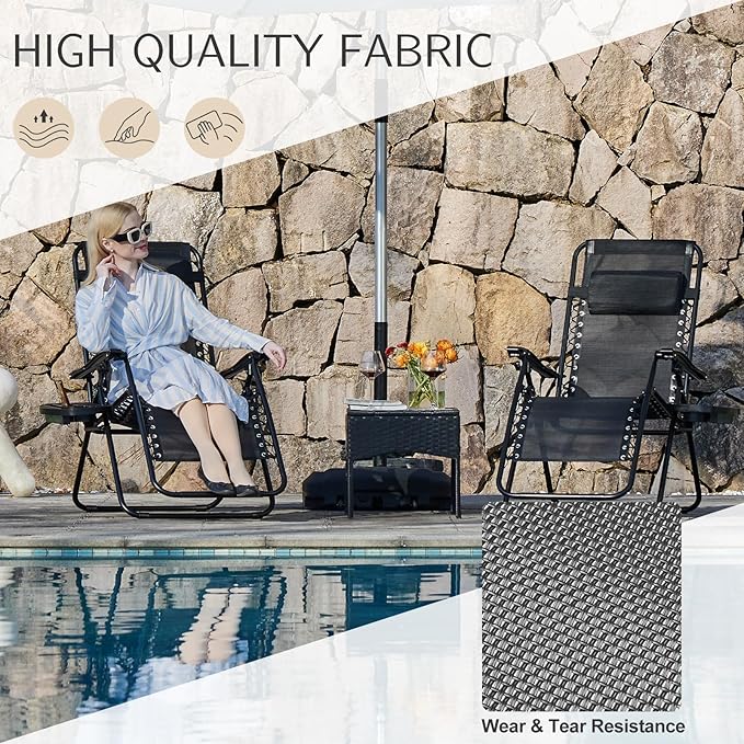 Sweetcrispy Zero Gravity Chairs, Set of 2 Portable Recliner Beach Camping Patio Outdoor Folding Lounge Chair with Cup Holder Trays and Adjustable Pillow for Poolside, Garden, Backyard, Lawn, Black