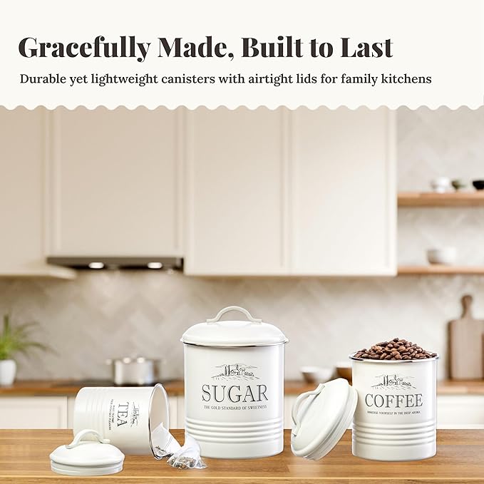 noonberry Kitchen Canisters for Countertop – 3-Piece Airtight Kitchen Canister Set – Sugar Coffee Tea Containers for Kitchen Counter – Cream-White Magnolia Finish