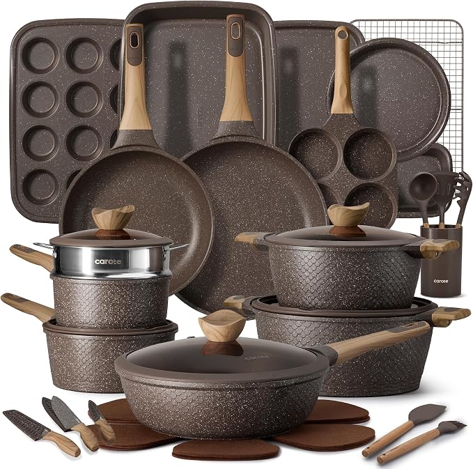 CAROTE 39pcs Pots and Pans Set, Nonstick Cookware Sets with Bakeware | Easy Clean, Distinctive Textured Design, Even Heating, All-Stovetop Compatible, with Kitchen Knife Set & Egg Pan