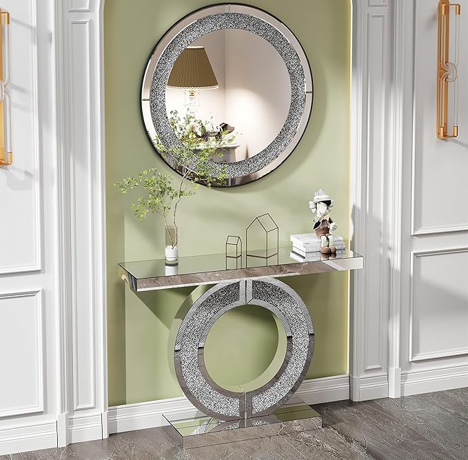 SSLine 2-Piece Set Mirrored Console Table with Wall Mirror, 43" Modern Mirrored Entryway Table with Crystal O-Shape Base, 33.5" Round Crush Diamond Decor Mirror for Entryway Hallway