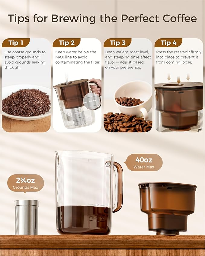 Waterdrop PT-10 Cold Brew Coffee Maker with 1 Magnesium Water Filter for Well-Balanced Acidity, Unlocks Aroma, BPA-Free Cold Brew Pitcher, Stainless Steel Filter for Iced Coffee, Tea, Lemonade, Brown