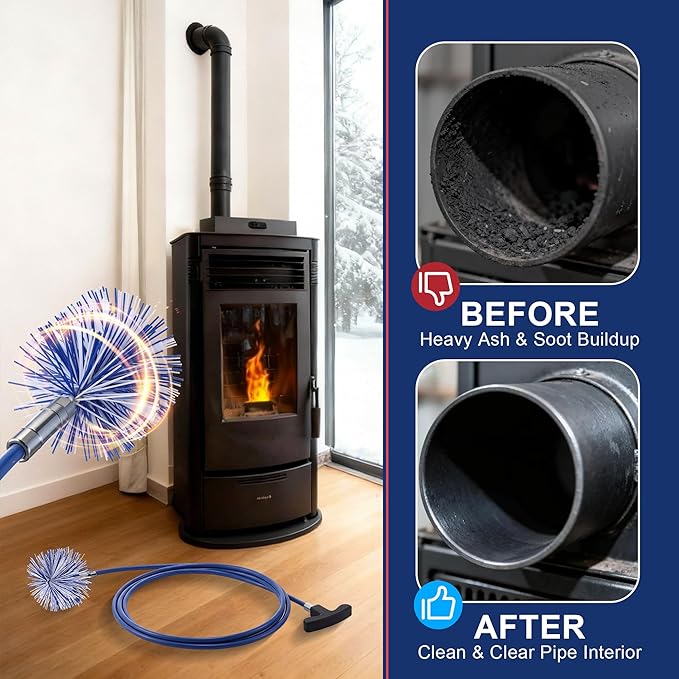 Dreyoo Pellet Stove Cleaning Brush Kit, 10 FT Flexible Steel Rod with 3" Brush Head, T Handle, Multi Purpose Flue Detail Cleaner, Nylon Stove Flue Pipe Kit for Pellet Furnace Exhaust Pipes