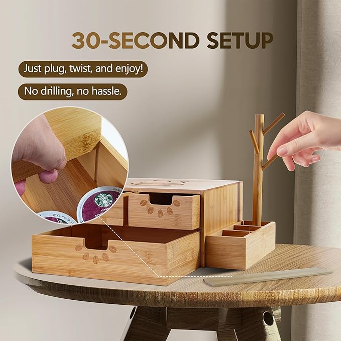 Coffee Pod Drawer, Wooden K Cup Holder with Tree Shape Mug Holder and Side Storage Box, 2-Tier K Pod Drawer Coffee Maker Machine Stand(80 Kcups+60 Tea Bags Capacity)